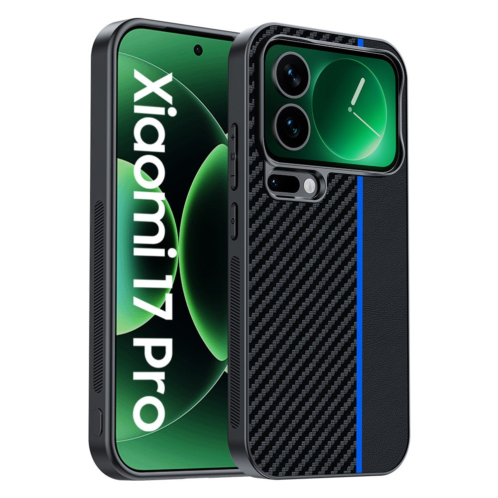 For Xiaomi 17 Pro Max Case Leather + PC Hard Phone Cover Carbon Fiber Texture - Black / Blue
