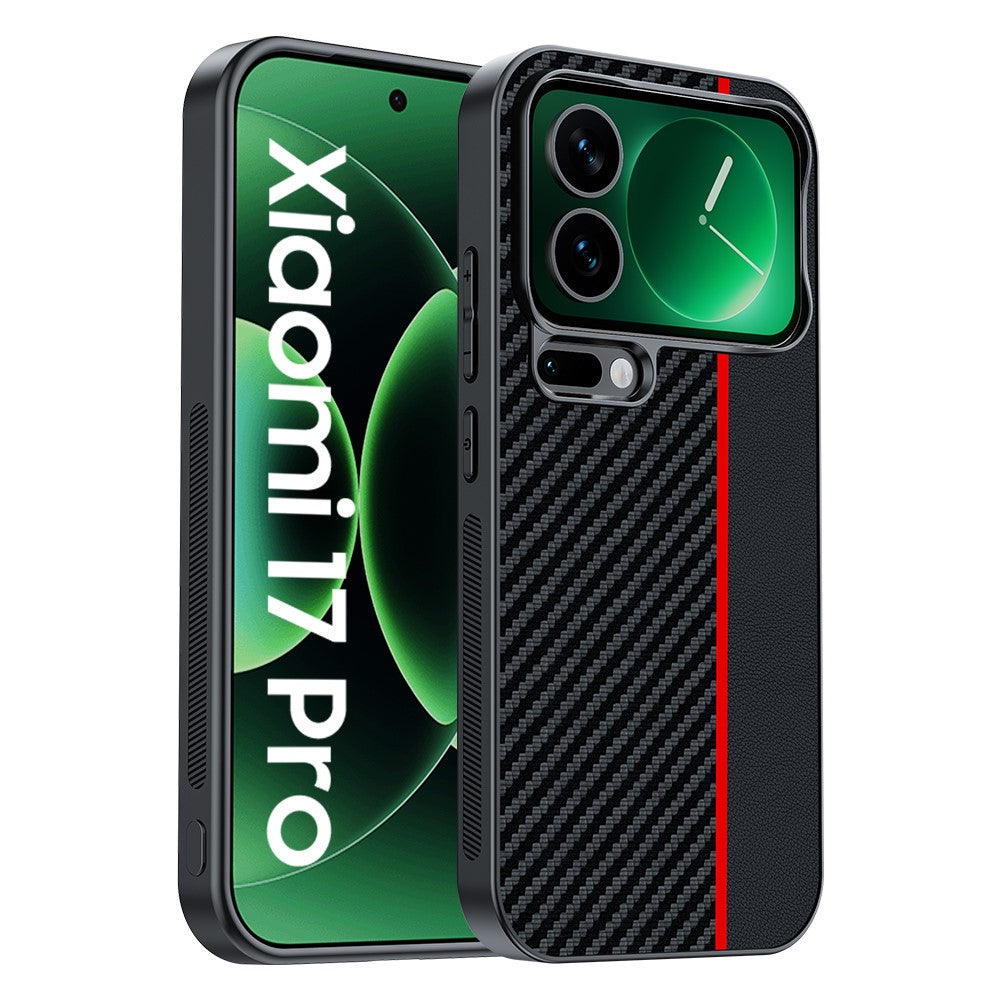 For Xiaomi 17 Pro Max Case Leather + PC Hard Phone Cover Carbon Fiber Texture - Black / Red