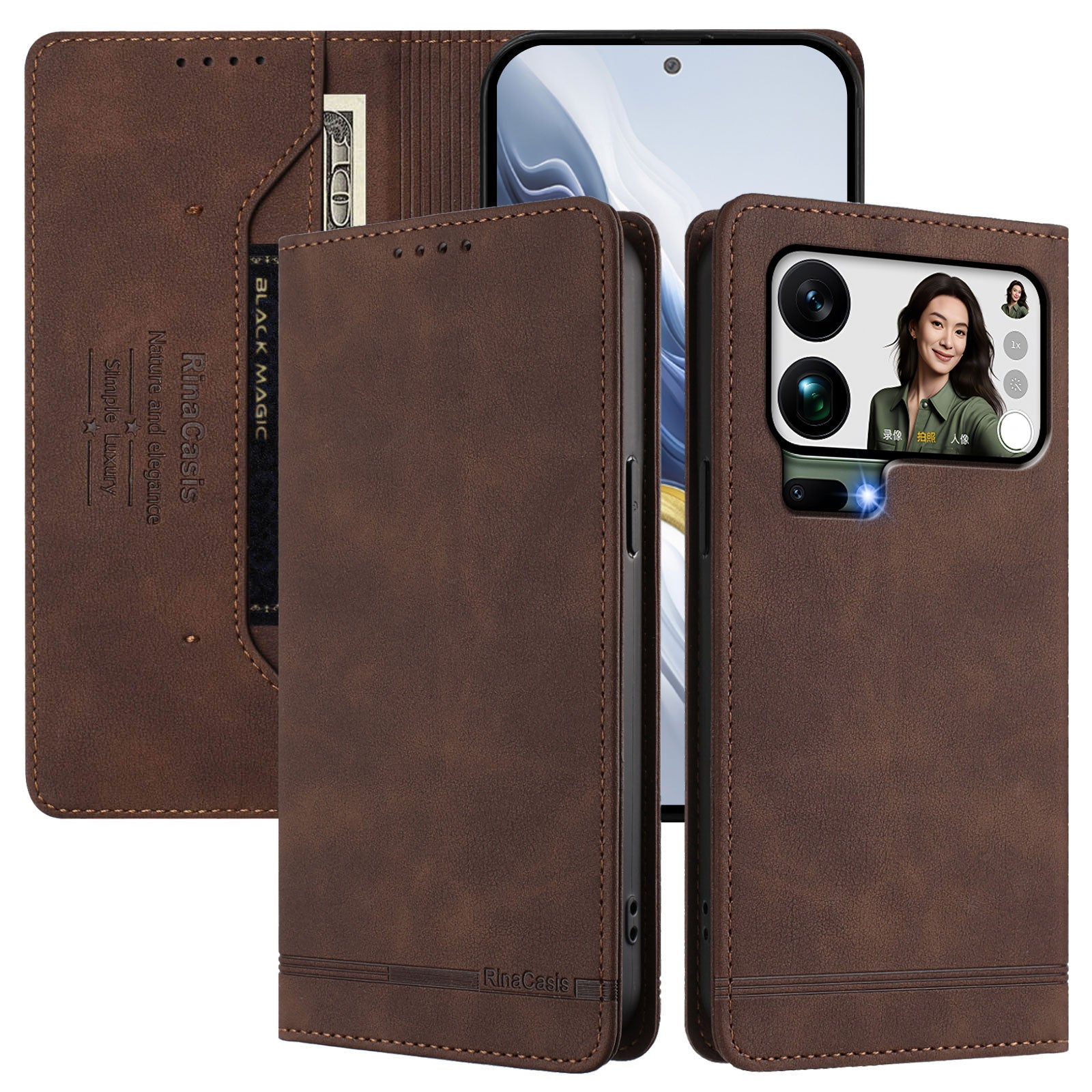 For Xiaomi 17 Pro Max Case RINACASIS RC23 RFID Blocking Wallet Stand PU Leather Phone Cover - Brown
