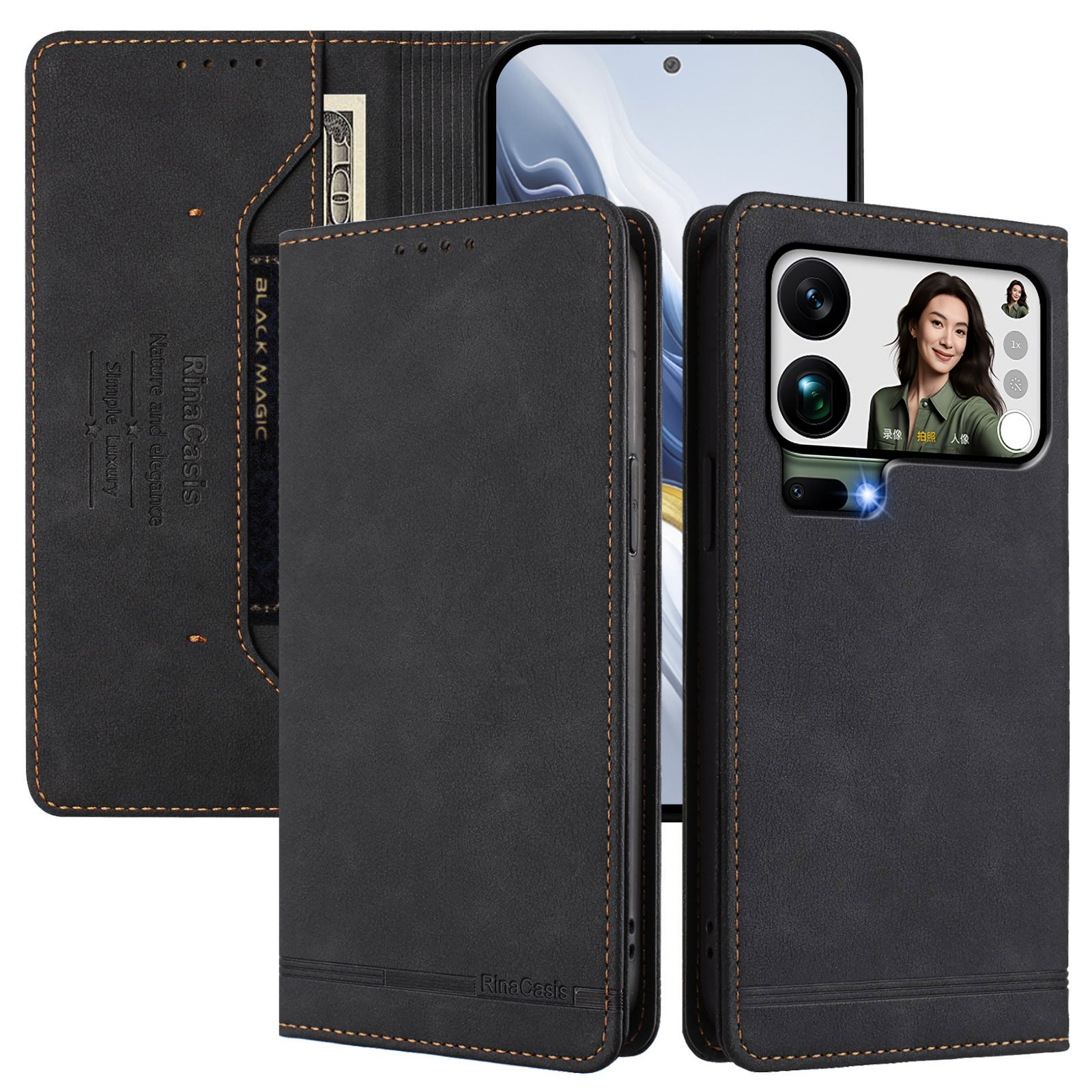 For Xiaomi 17 Pro Max Case RINACASIS RC23 RFID Blocking Wallet Stand PU Leather Phone Cover - Black