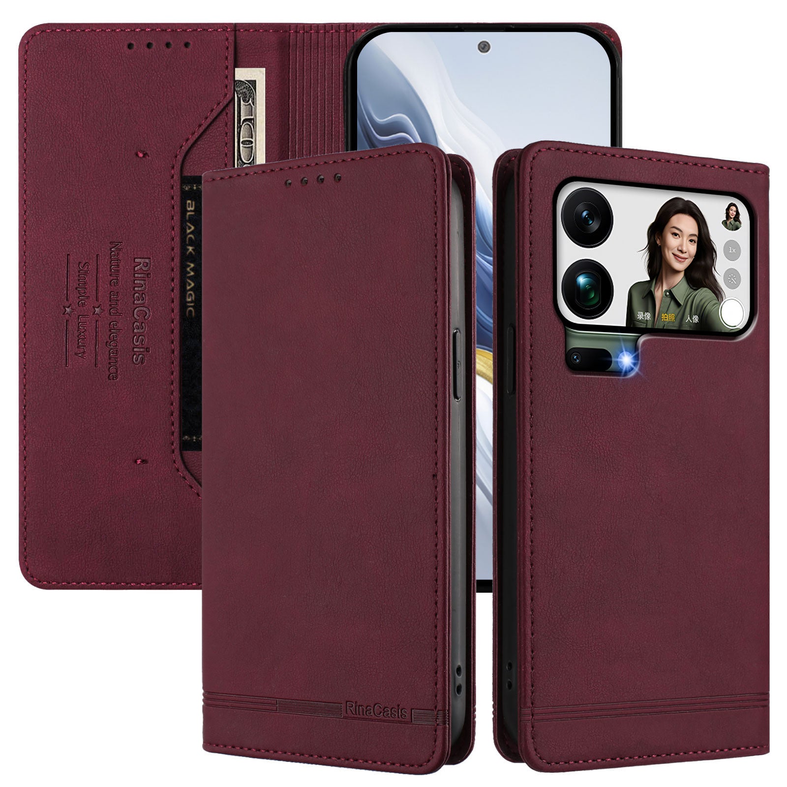 For Xiaomi 17 Pro Max Case RINACASIS RC23 RFID Blocking Wallet Stand PU Leather Phone Cover - Wine Red