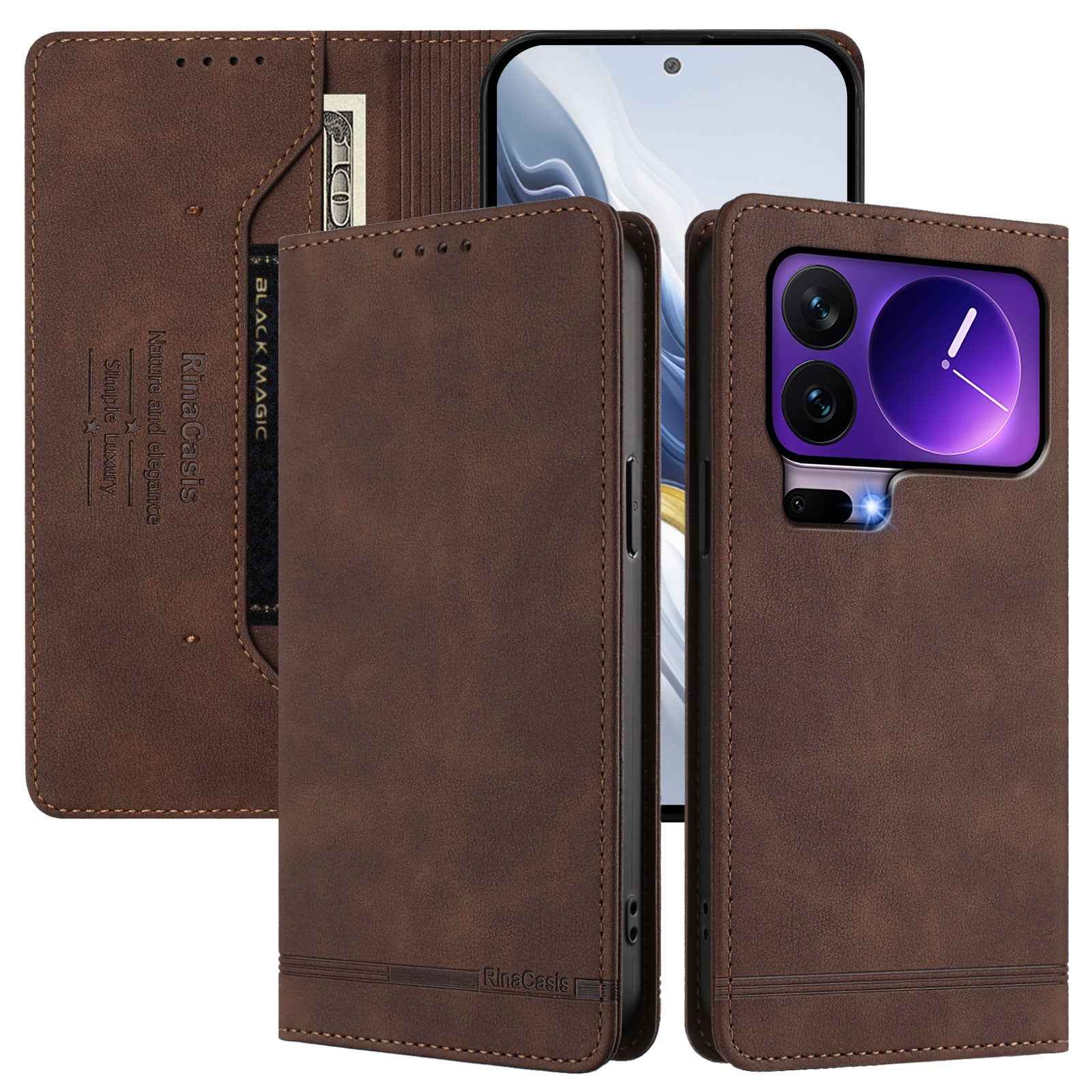 For Xiaomi 17 Pro Case RINACASIS RC23 RFID Blocking Wallet Stand PU Leather Phone Cover - Brown