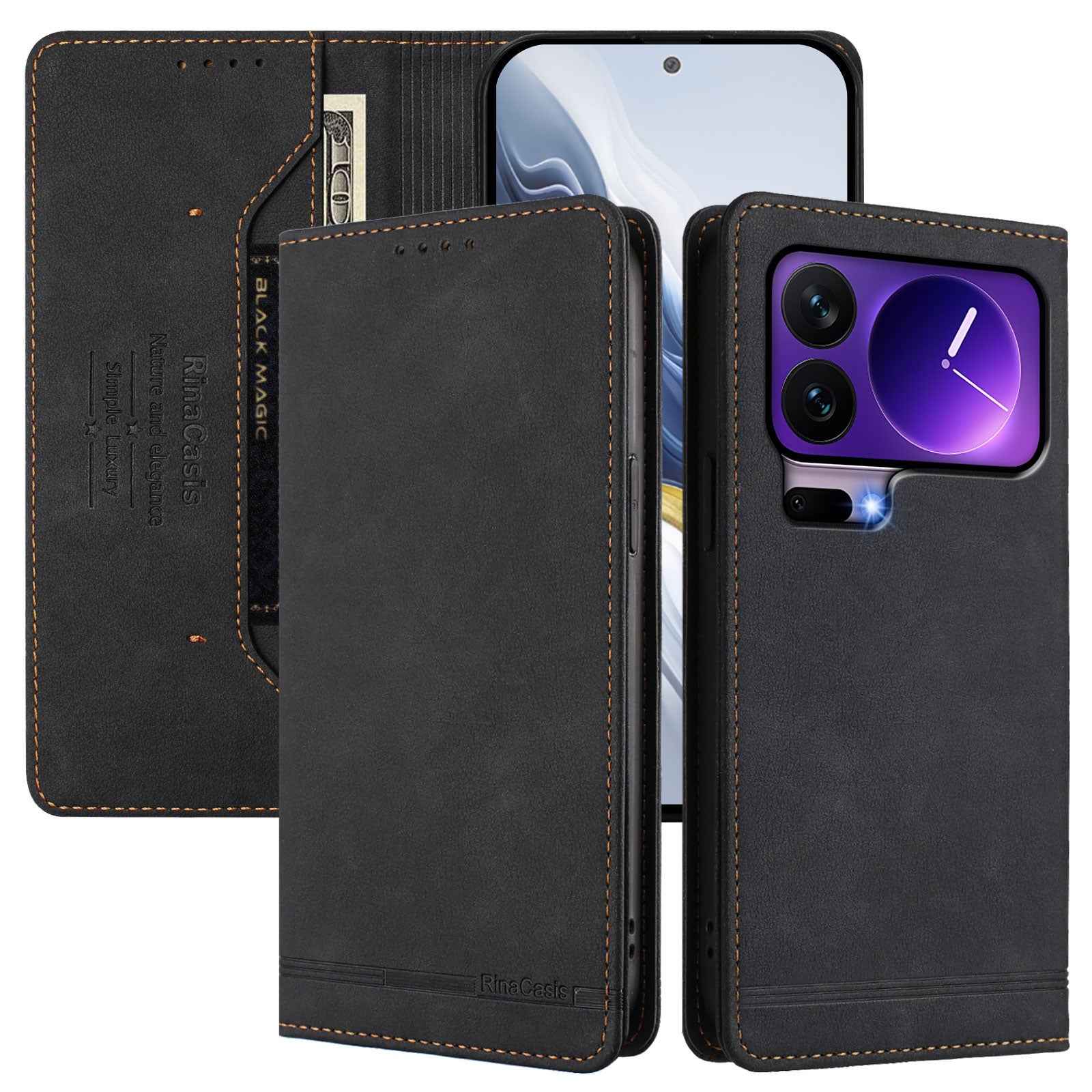 For Xiaomi 17 Pro Case RINACASIS RC23 RFID Blocking Wallet Stand PU Leather Phone Cover - Black