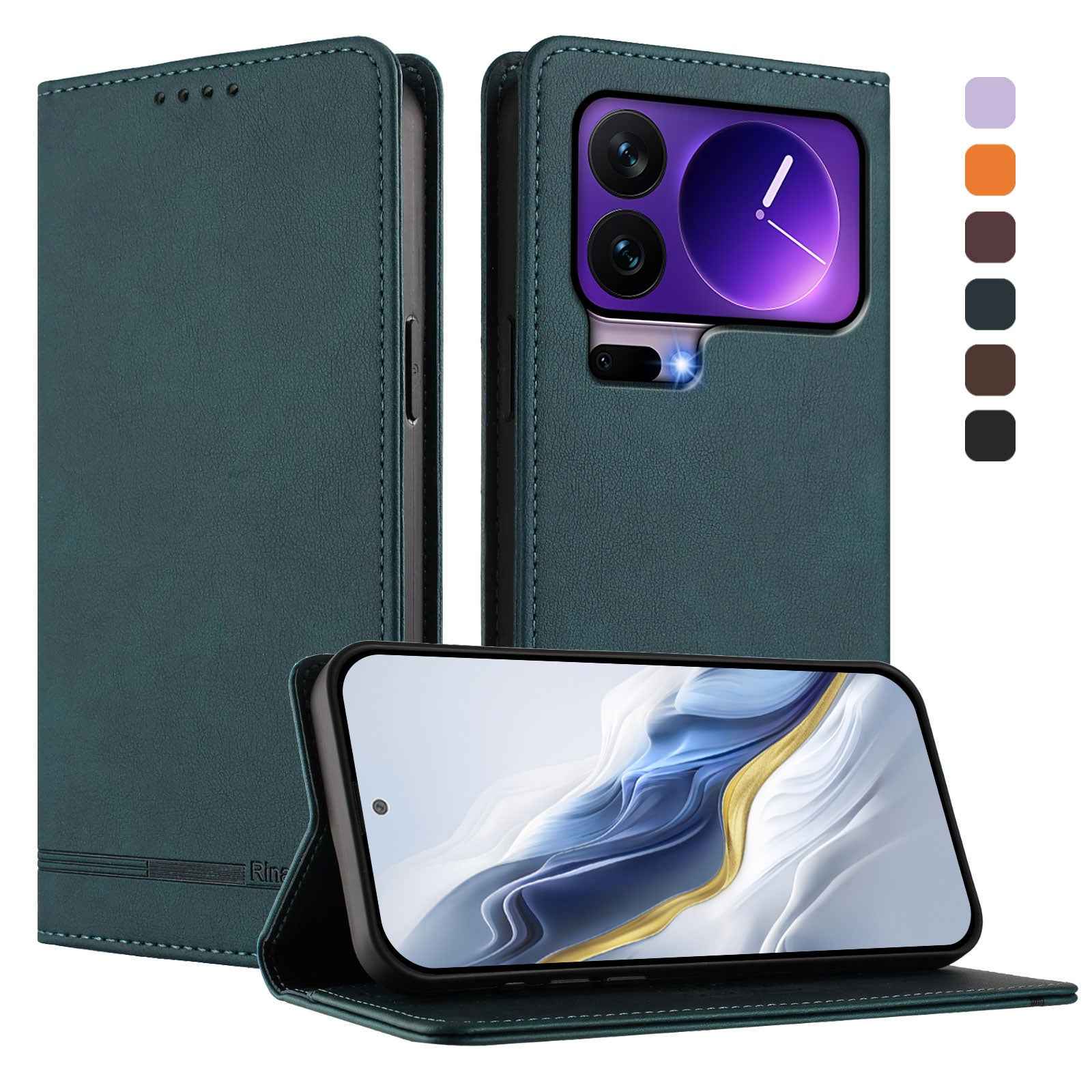 For Xiaomi 17 Pro Case RINACASIS RC23 RFID Blocking Wallet Stand PU Leather Phone Cover - Dark Green
