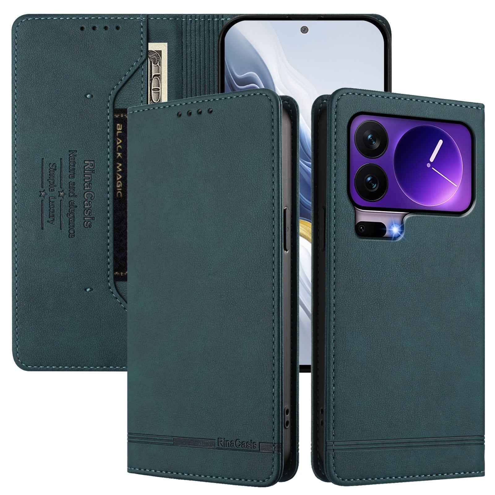 For Xiaomi 17 Pro Case RINACASIS RC23 RFID Blocking Wallet Stand PU Leather Phone Cover - Dark Green