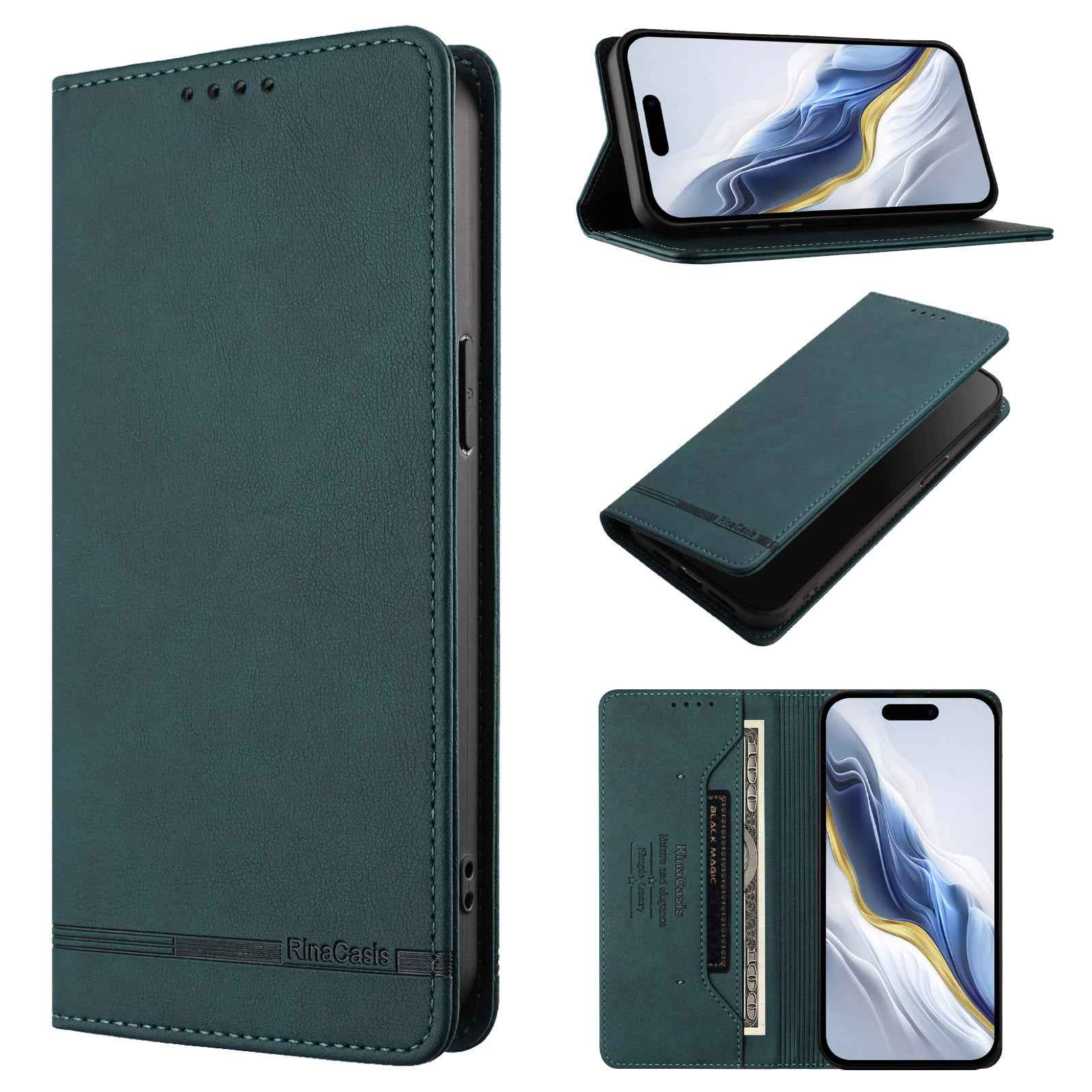For Xiaomi 17 Pro Case RINACASIS RC23 RFID Blocking Wallet Stand PU Leather Phone Cover - Dark Green
