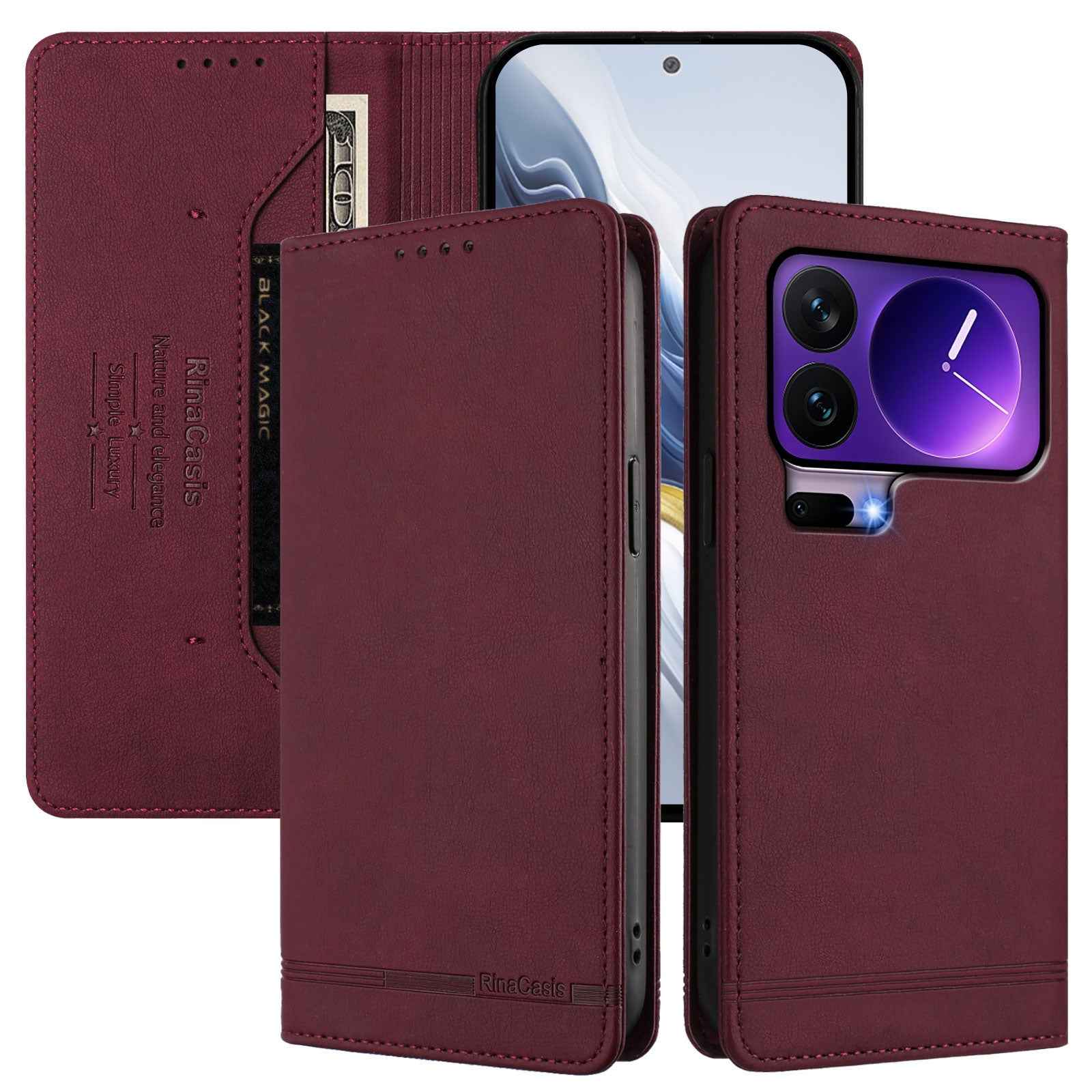 For Xiaomi 17 Pro Case RINACASIS RC23 RFID Blocking Wallet Stand PU Leather Phone Cover - Wine Red