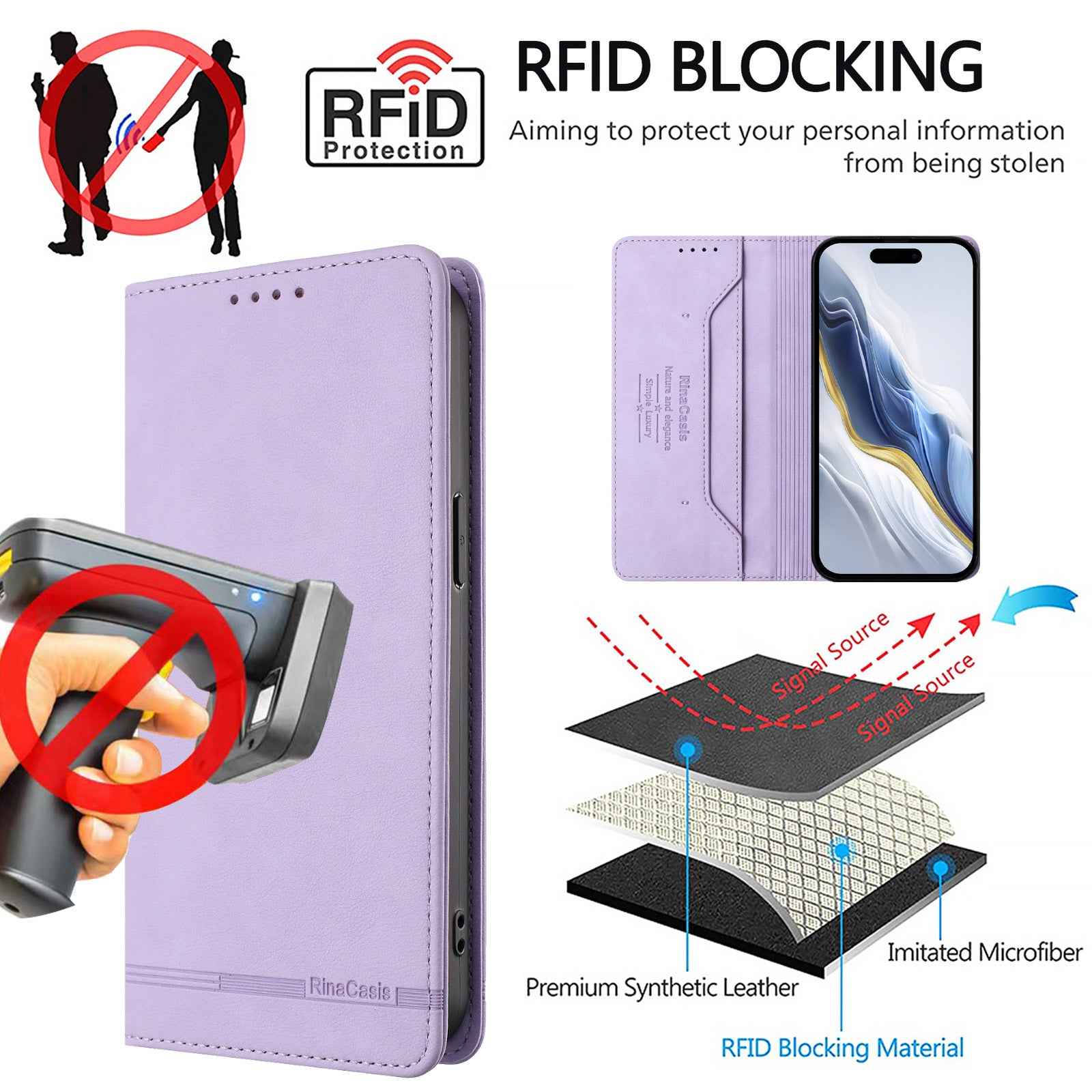 For Xiaomi 17 Pro Case RINACASIS RC23 RFID Blocking Wallet Stand PU Leather Phone Cover - Light Purple