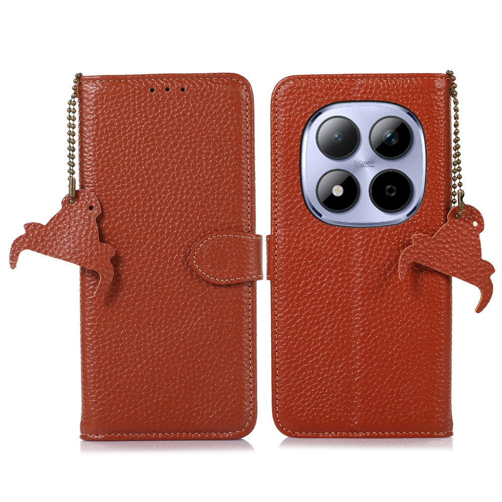 For Xiaomi Redmi Note 15 Pro 5G (Global) Case RFID Blocking Genuine Cow Leather Phone Cover Litchi Texture - Brown