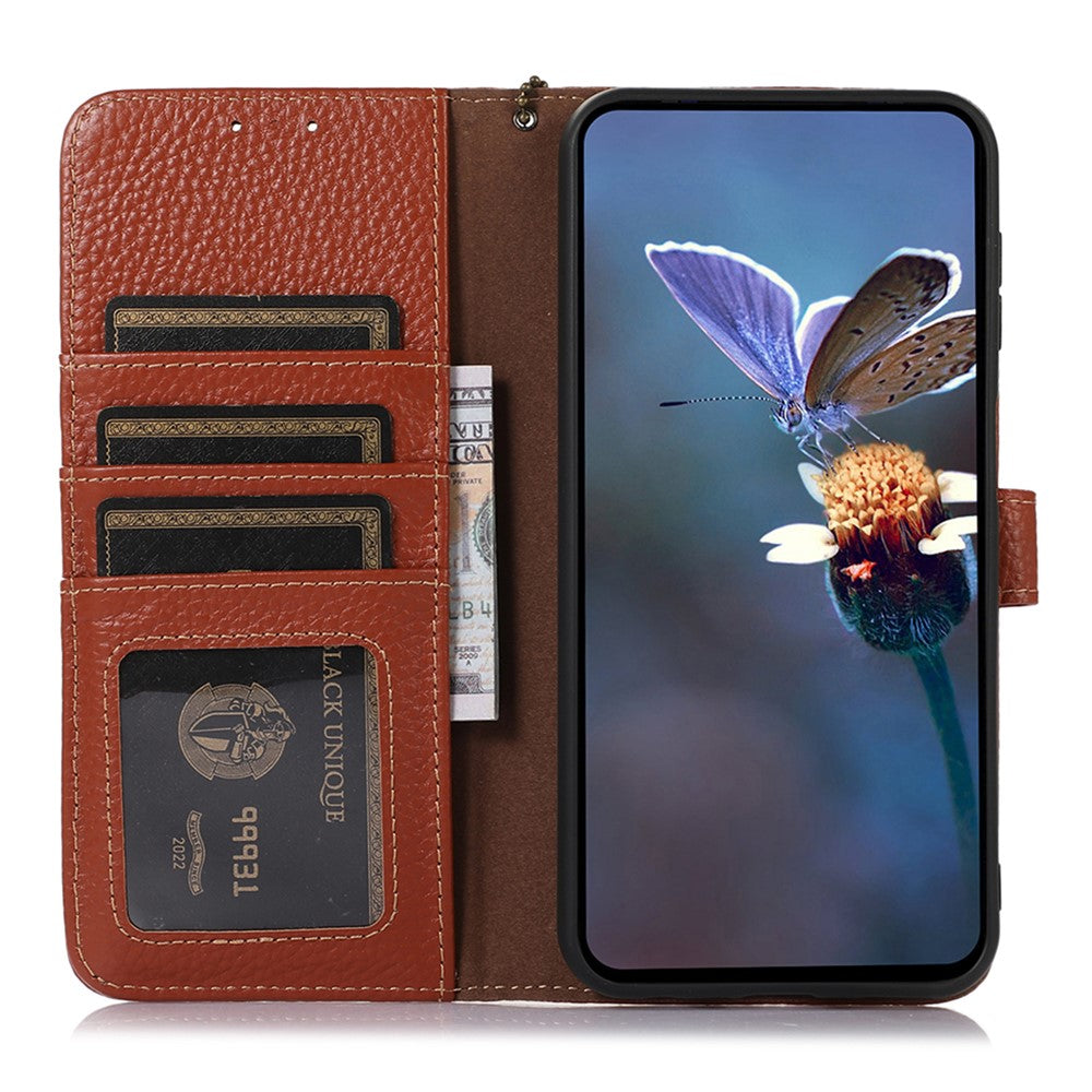 For Xiaomi Redmi Note 15 Pro 5G (Global) Case RFID Blocking Genuine Cow Leather Phone Cover Litchi Texture - Brown