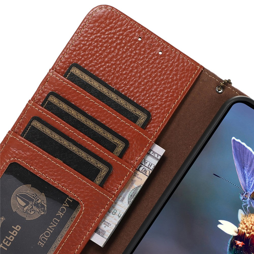 For Xiaomi Redmi Note 15 Pro 5G (Global) Case RFID Blocking Genuine Cow Leather Phone Cover Litchi Texture - Brown