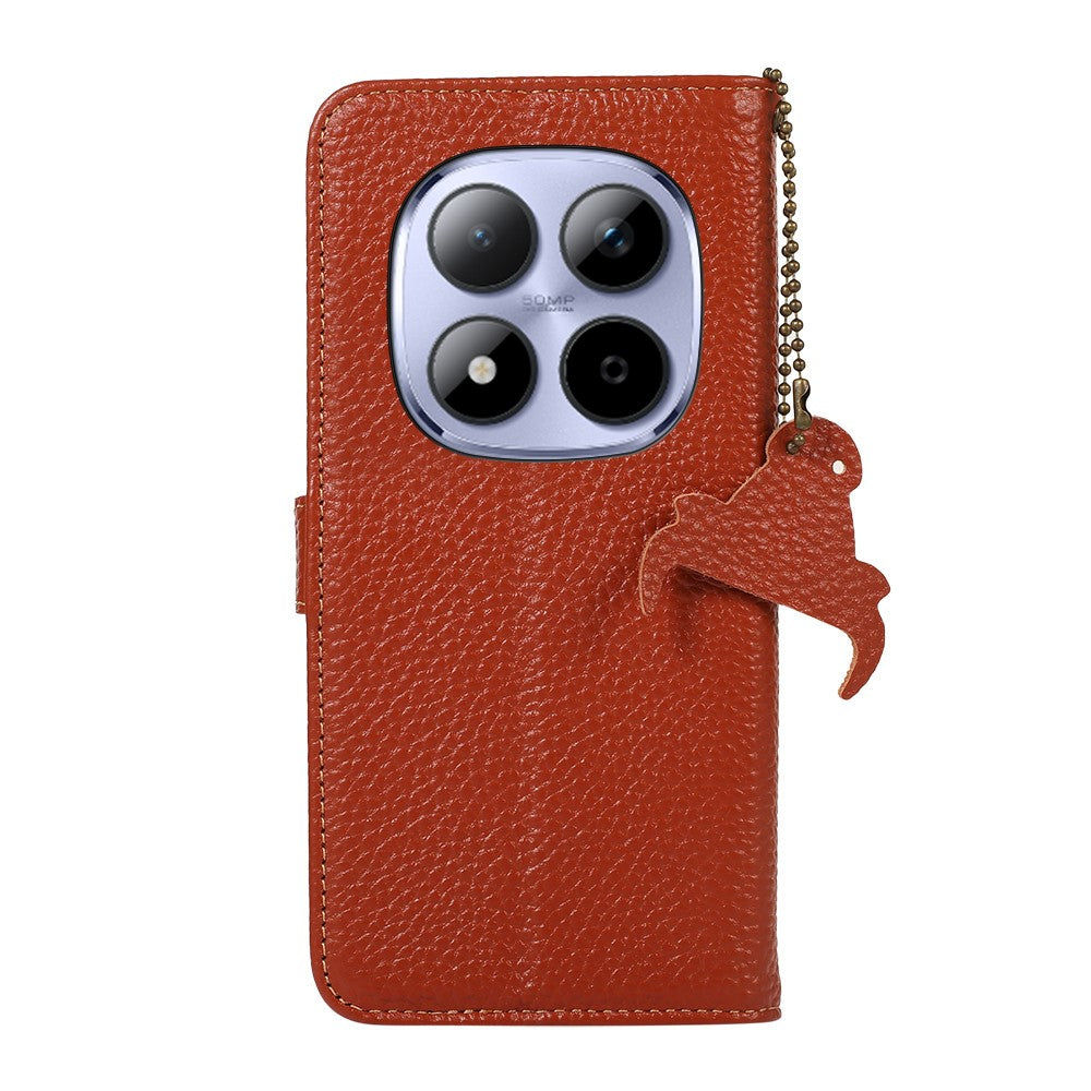 For Xiaomi Redmi Note 15 Pro 5G (Global) Case RFID Blocking Genuine Cow Leather Phone Cover Litchi Texture - Brown