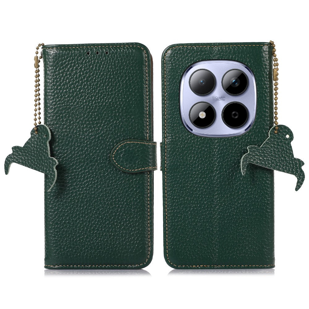 For Xiaomi Redmi Note 15 Pro 5G (Global) Case RFID Blocking Genuine Cow Leather Phone Cover Litchi Texture - Green