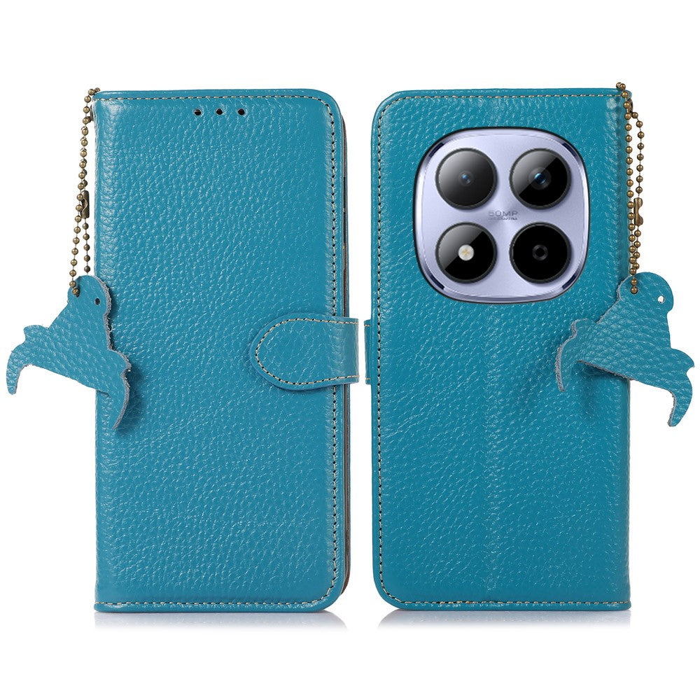 For Xiaomi Redmi Note 15 Pro 5G (Global) Case RFID Blocking Genuine Cow Leather Phone Cover Litchi Texture - Blue