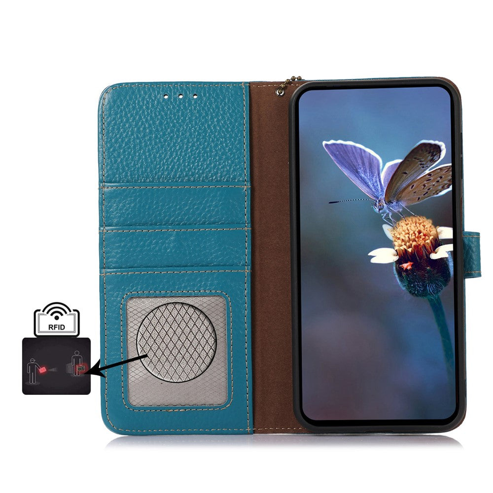 For Xiaomi Redmi Note 15 Pro 5G (Global) Case RFID Blocking Genuine Cow Leather Phone Cover Litchi Texture - Blue