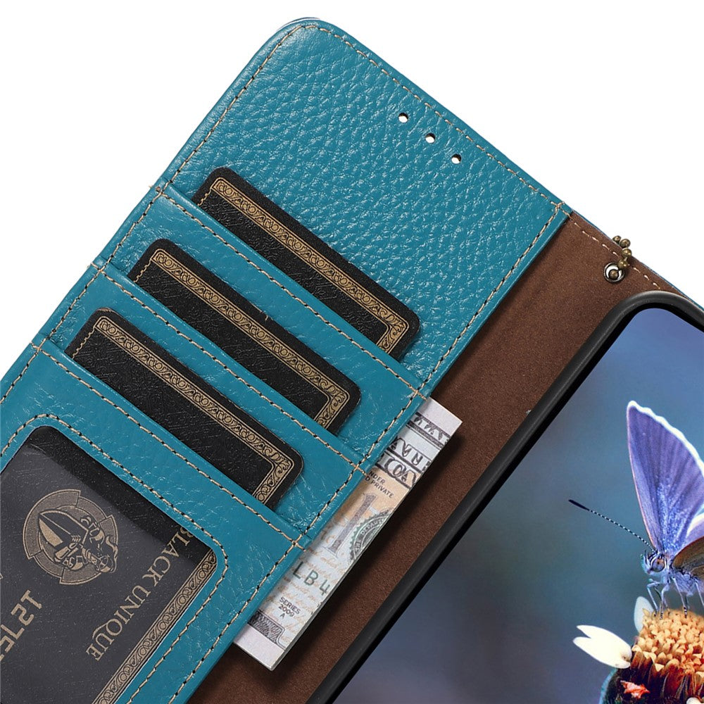 For Xiaomi Redmi Note 15 Pro 5G (Global) Case RFID Blocking Genuine Cow Leather Phone Cover Litchi Texture - Blue