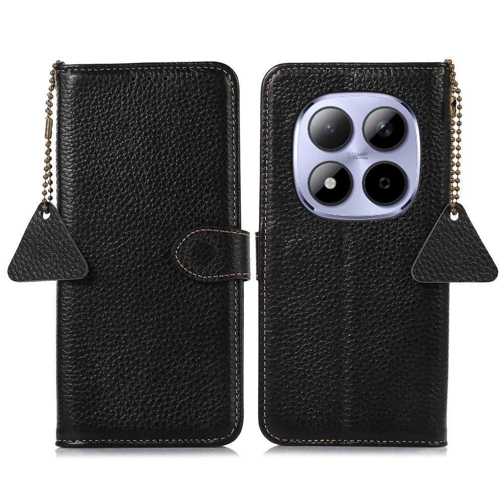 For Xiaomi Redmi Note 15 Pro 5G (Global) Case RFID Blocking Genuine Cow Leather Phone Cover Litchi Texture - Black