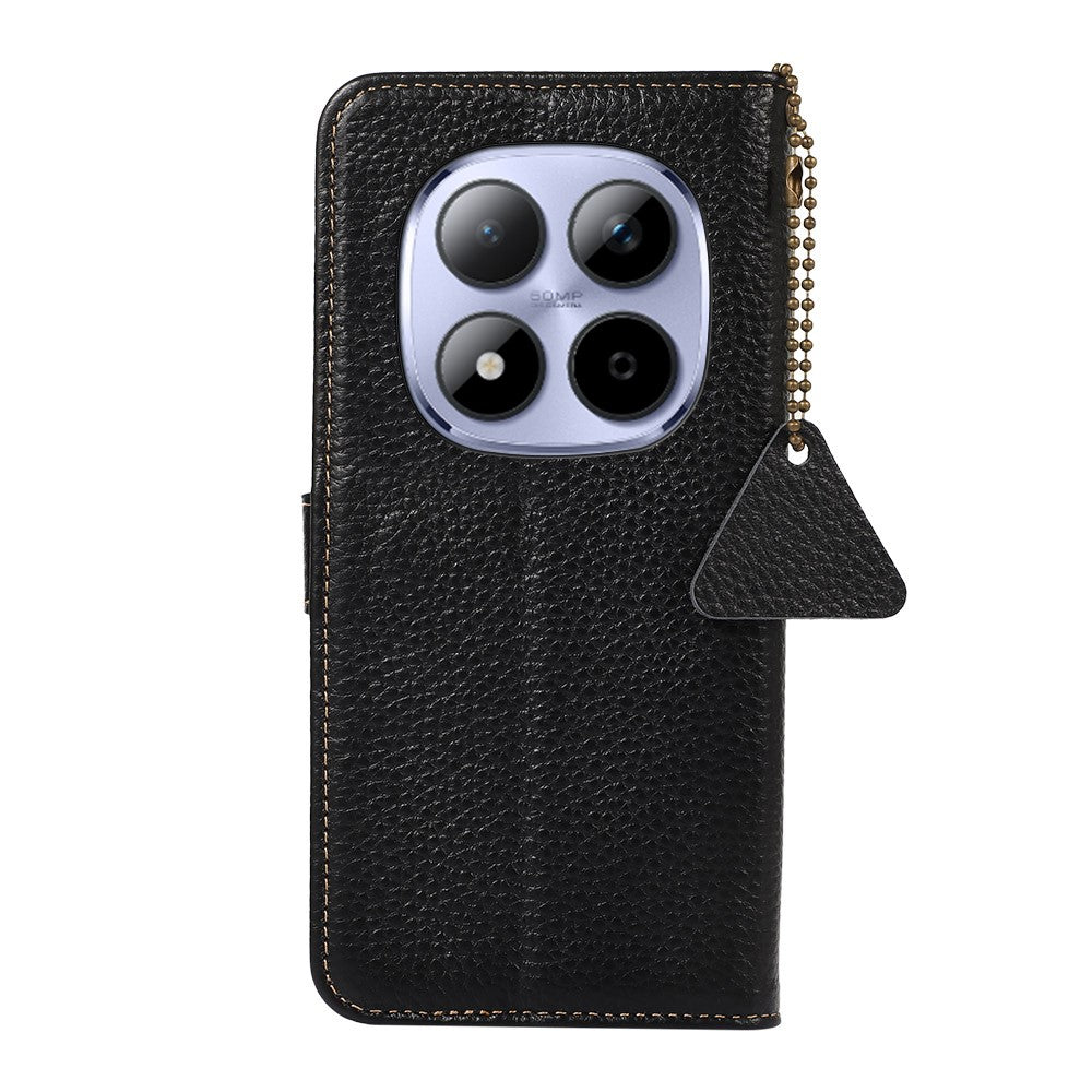 For Xiaomi Redmi Note 15 Pro 5G (Global) Case RFID Blocking Genuine Cow Leather Phone Cover Litchi Texture - Black
