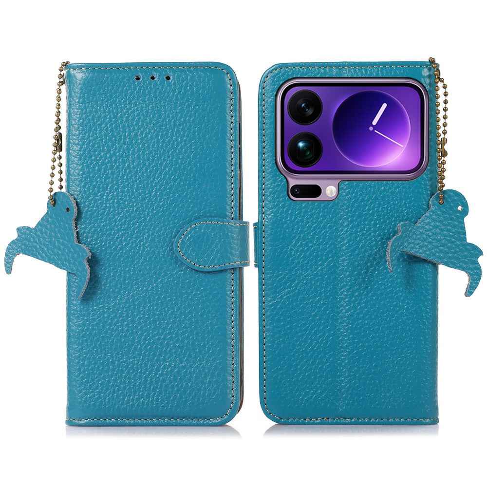 For Xiaomi 17 Pro Case RFID Blocking Genuine Cow Leather Phone Cover Litchi Texture - Blue