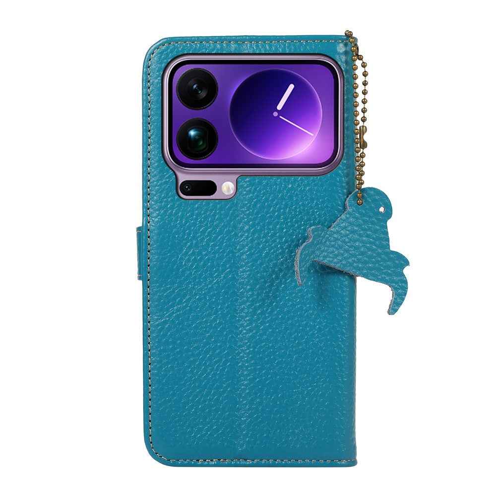 For Xiaomi 17 Pro Case RFID Blocking Genuine Cow Leather Phone Cover Litchi Texture - Blue