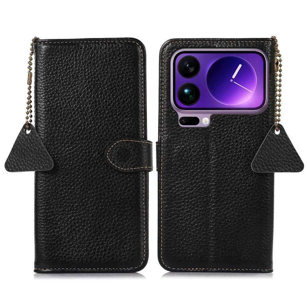 For Xiaomi 17 Pro Case RFID Blocking Genuine Cow Leather Phone Cover Litchi Texture - Black