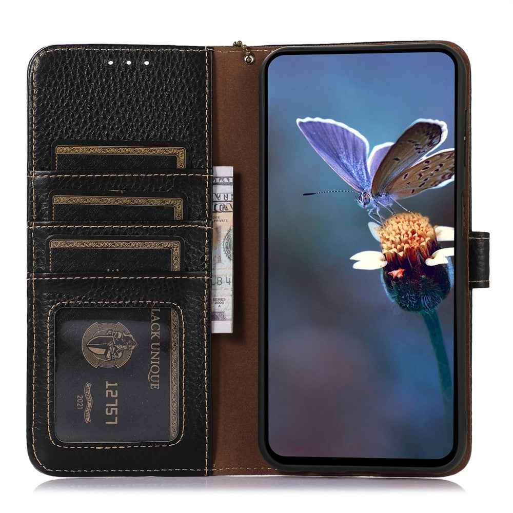 For Xiaomi 17 Pro Case RFID Blocking Genuine Cow Leather Phone Cover Litchi Texture - Black