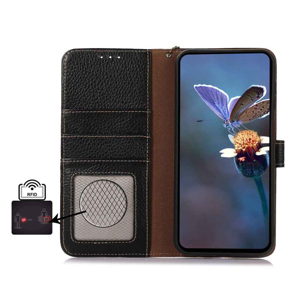 For Xiaomi 17 Pro Case RFID Blocking Genuine Cow Leather Phone Cover Litchi Texture - Black
