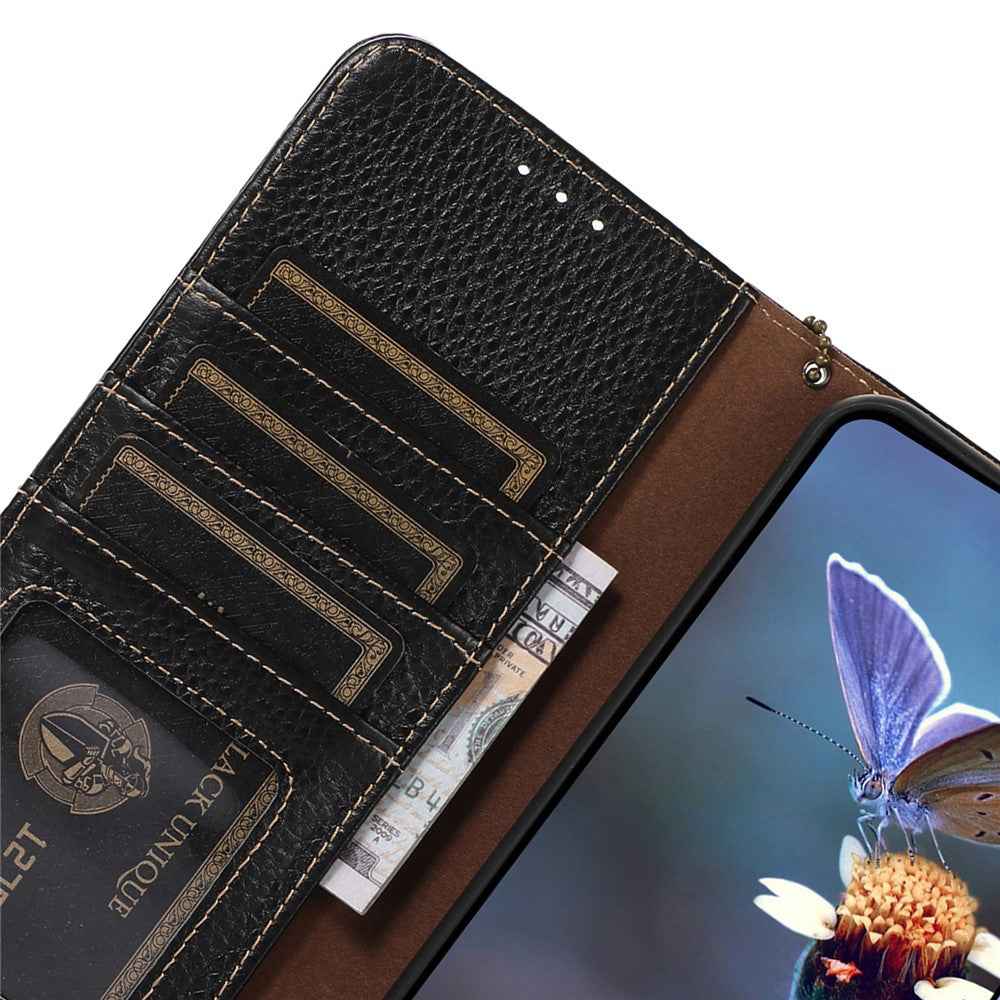 For Xiaomi 17 Pro Case RFID Blocking Genuine Cow Leather Phone Cover Litchi Texture - Black