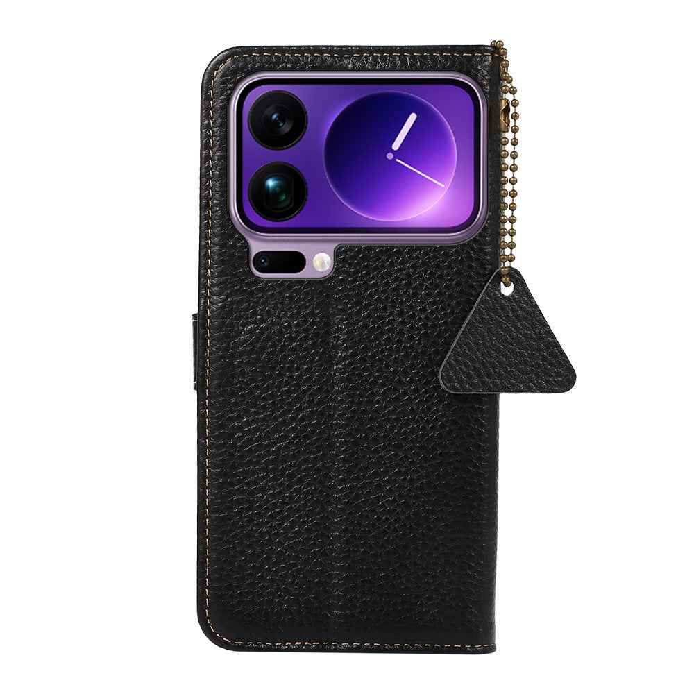 For Xiaomi 17 Pro Case RFID Blocking Genuine Cow Leather Phone Cover Litchi Texture - Black