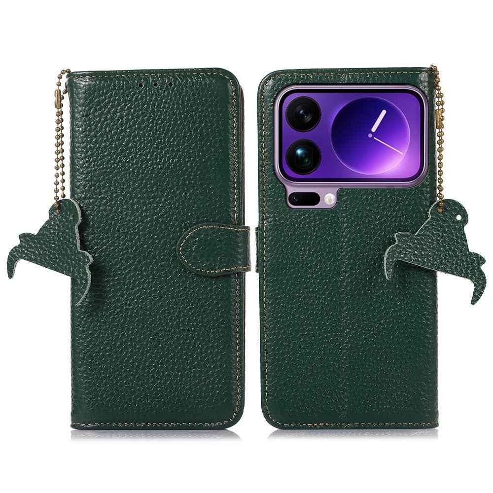 For Xiaomi 17 Pro Case RFID Blocking Genuine Cow Leather Phone Cover Litchi Texture - Green