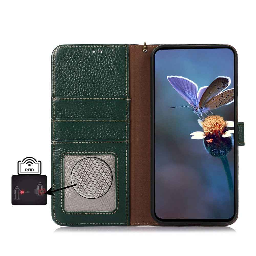 For Xiaomi 17 Pro Case RFID Blocking Genuine Cow Leather Phone Cover Litchi Texture - Green