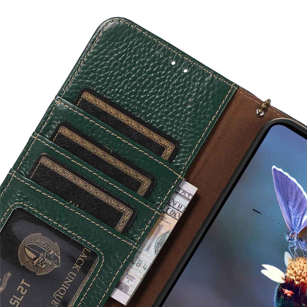 For Xiaomi 17 Pro Case RFID Blocking Genuine Cow Leather Phone Cover Litchi Texture - Green