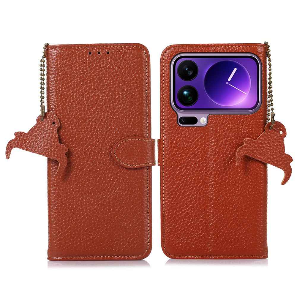 For Xiaomi 17 Pro Case RFID Blocking Genuine Cow Leather Phone Cover Litchi Texture - Brown