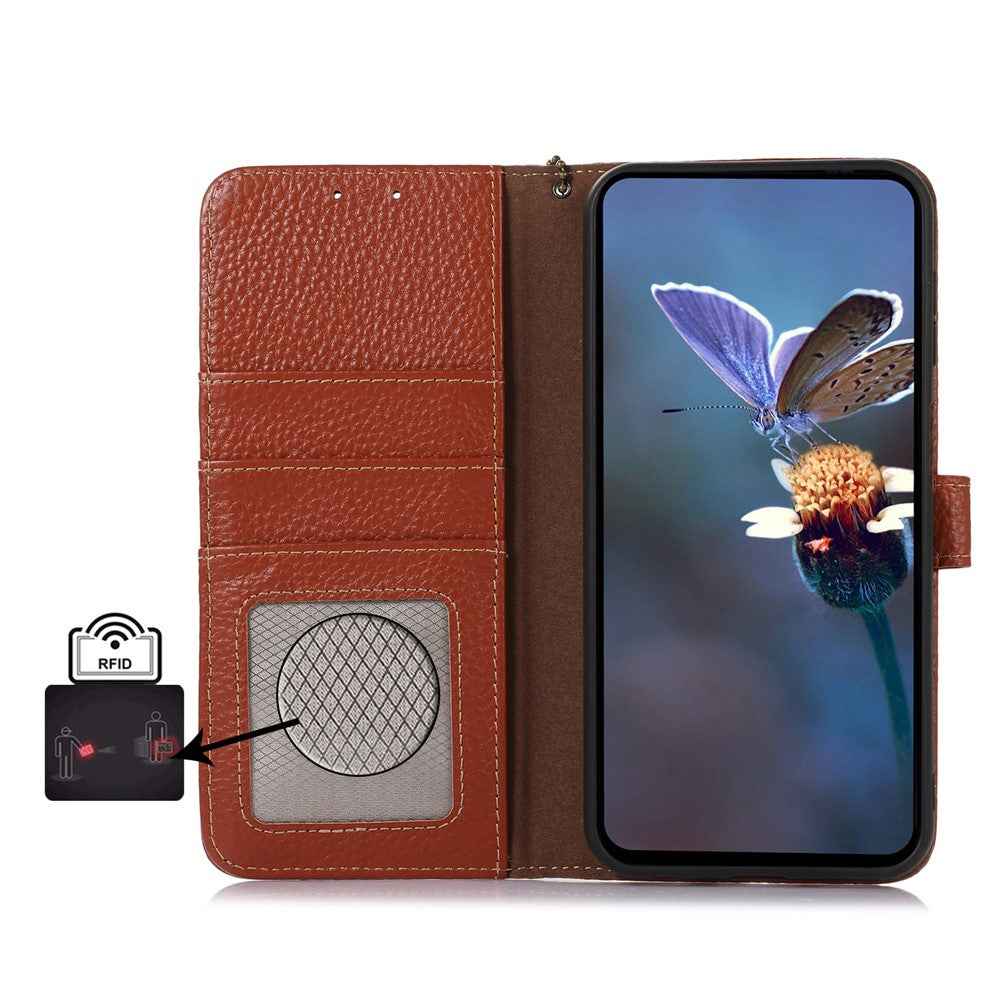 For Xiaomi 17 Pro Case RFID Blocking Genuine Cow Leather Phone Cover Litchi Texture - Brown