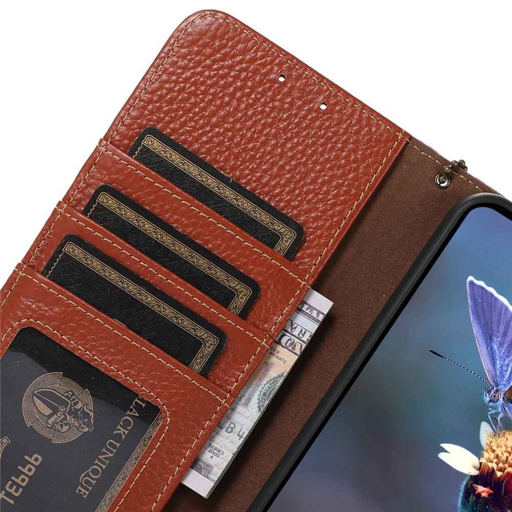 For Xiaomi 17 Pro Case RFID Blocking Genuine Cow Leather Phone Cover Litchi Texture - Brown