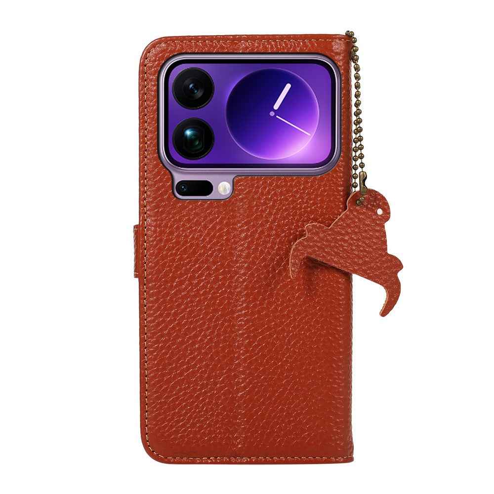 For Xiaomi 17 Pro Case RFID Blocking Genuine Cow Leather Phone Cover Litchi Texture - Brown