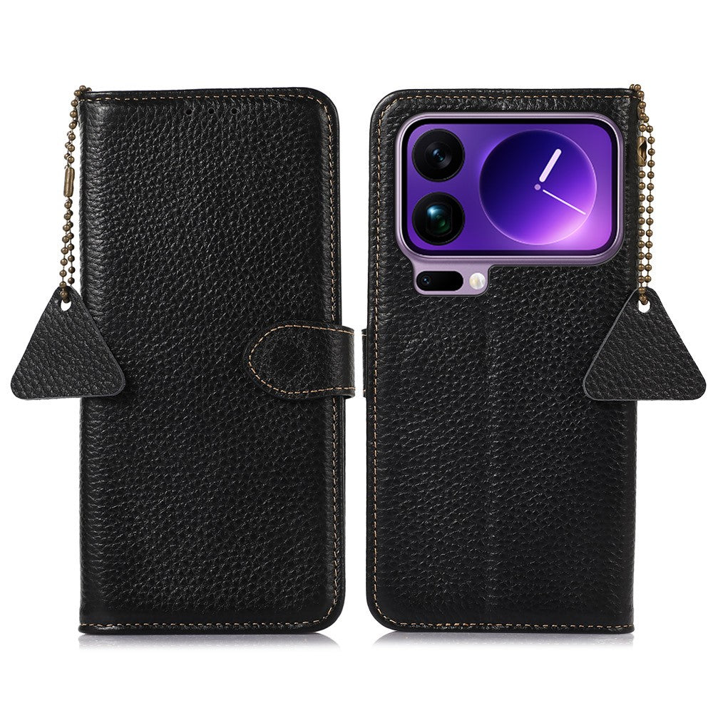 For Xiaomi 17 Pro Max Case RFID Blocking Genuine Cow Leather Phone Cover Litchi Texture - Black