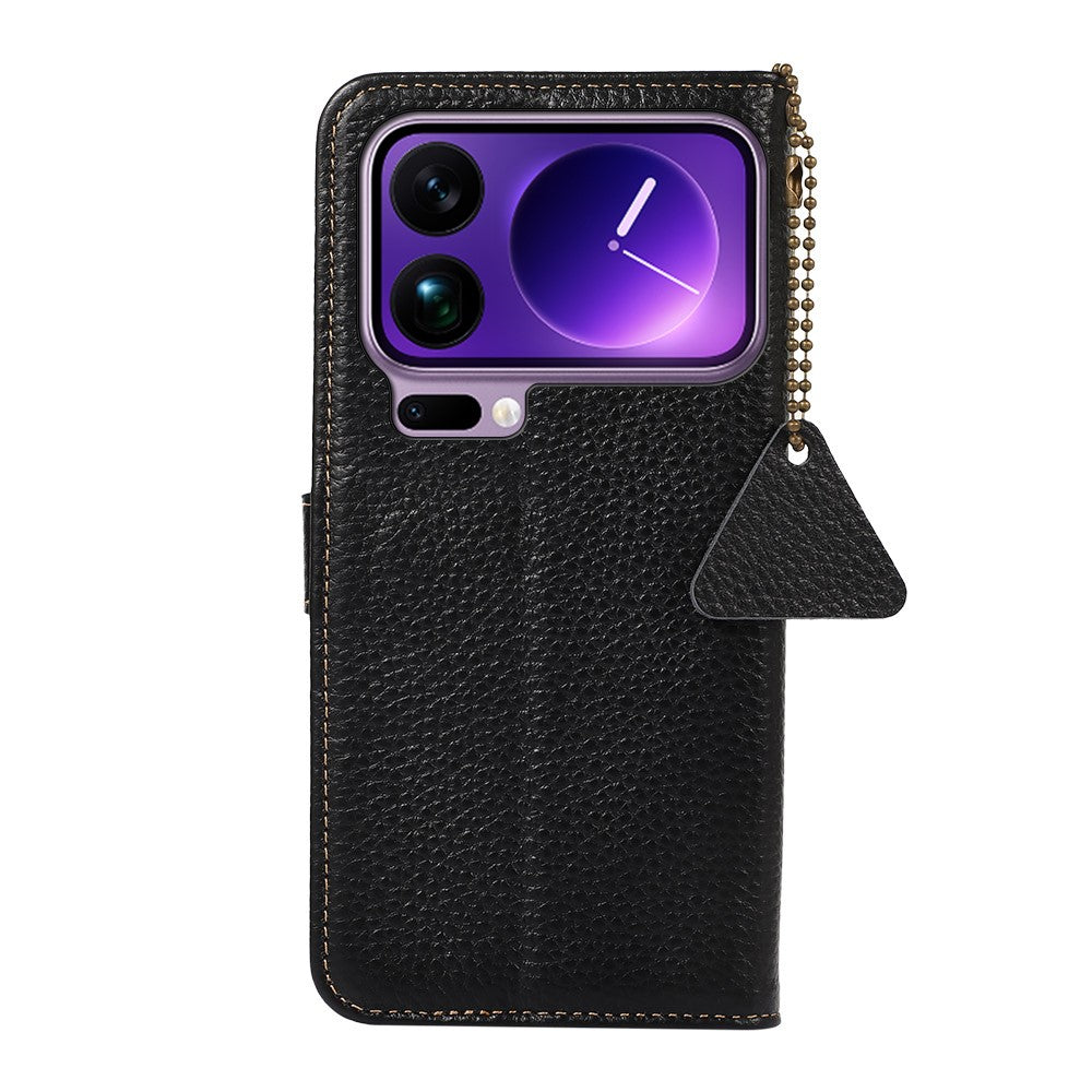For Xiaomi 17 Pro Max Case RFID Blocking Genuine Cow Leather Phone Cover Litchi Texture - Black