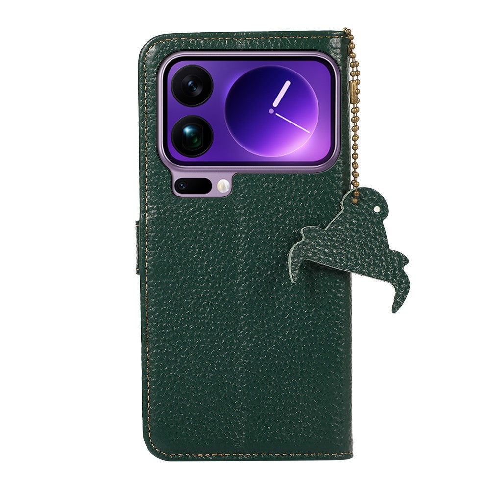 For Xiaomi 17 Pro Max Case RFID Blocking Genuine Cow Leather Phone Cover Litchi Texture - Green