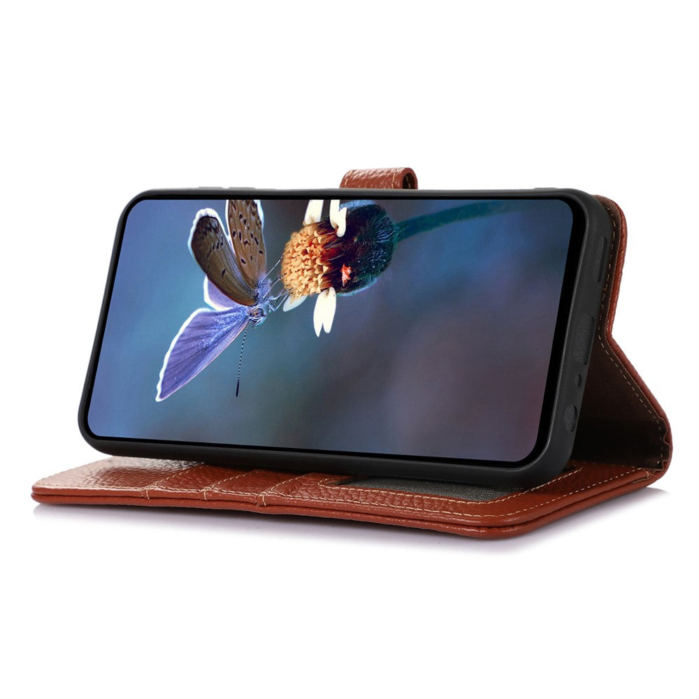 For Xiaomi 17 Pro Max Case RFID Blocking Genuine Cow Leather Phone Cover Litchi Texture - Brown