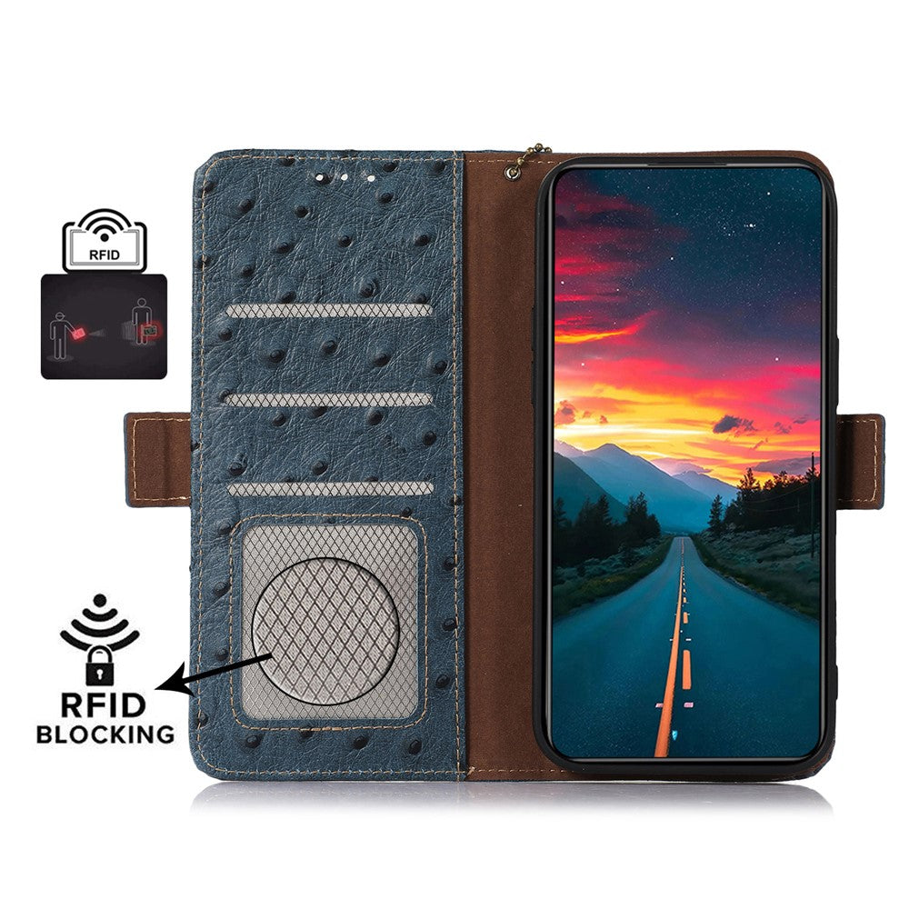 For Xiaomi 17 Pro Max Case RFID Blocking Genuine Cow Leather Phone Case Ostrich Texture - Blue