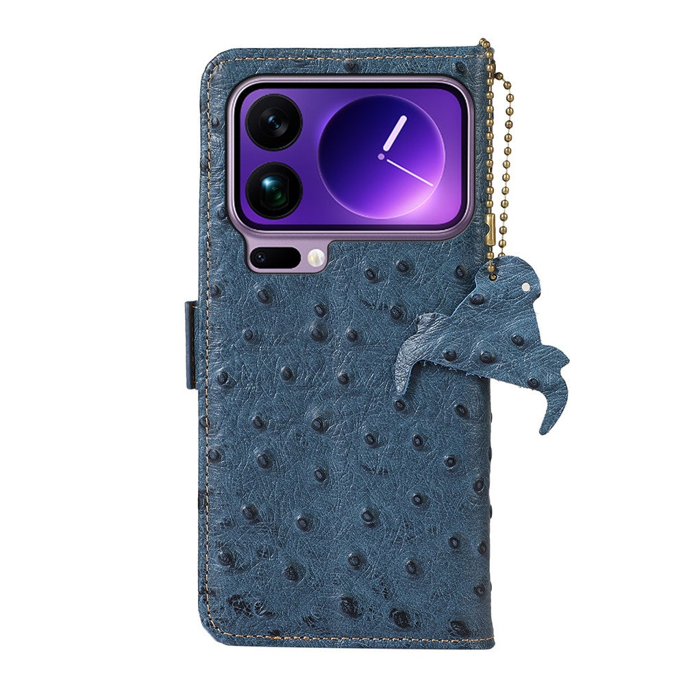 For Xiaomi 17 Pro Max Case RFID Blocking Genuine Cow Leather Phone Case Ostrich Texture - Blue