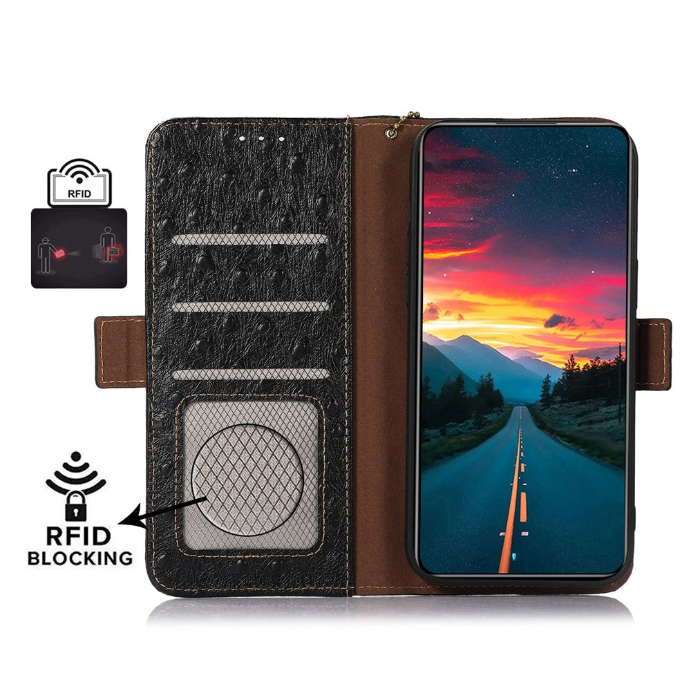 For Xiaomi 17 Pro Max Case RFID Blocking Genuine Cow Leather Phone Case Ostrich Texture - Black