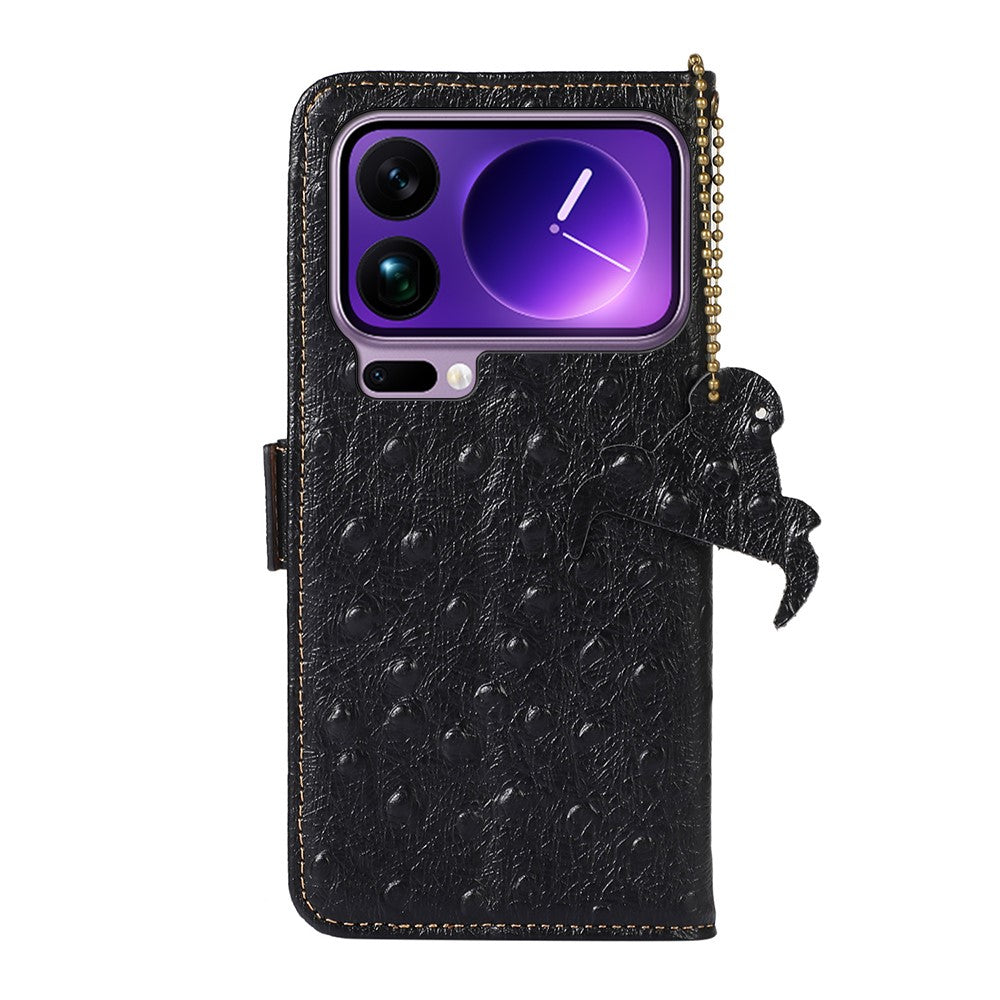 For Xiaomi 17 Pro Max Case RFID Blocking Genuine Cow Leather Phone Case Ostrich Texture - Black