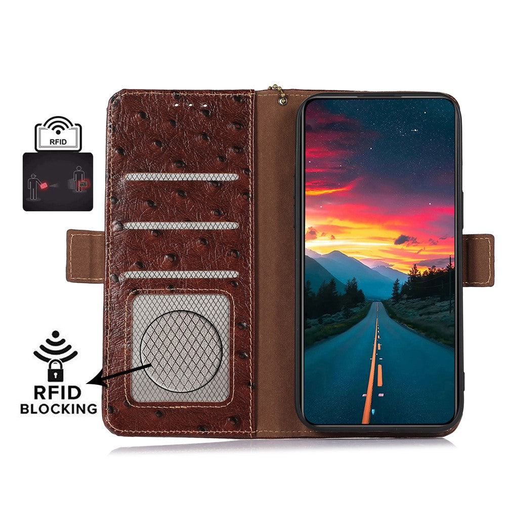 For Xiaomi 17 Pro Max Case RFID Blocking Genuine Cow Leather Phone Case Ostrich Texture - Coffee
