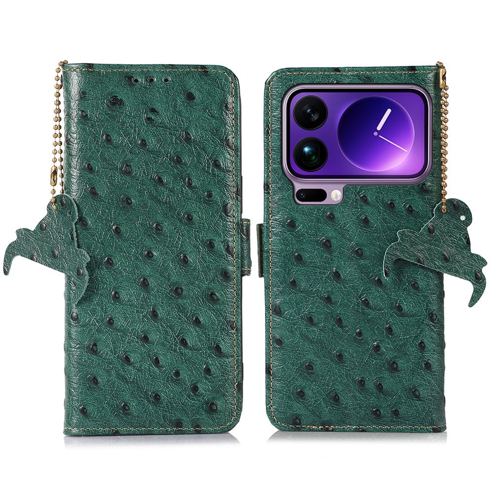 For Xiaomi 17 Pro Max Case RFID Blocking Genuine Cow Leather Phone Case Ostrich Texture - Green