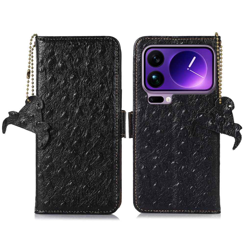 For Xiaomi 17 Pro Case RFID Blocking Genuine Cow Leather Phone Case Ostrich Texture - Black