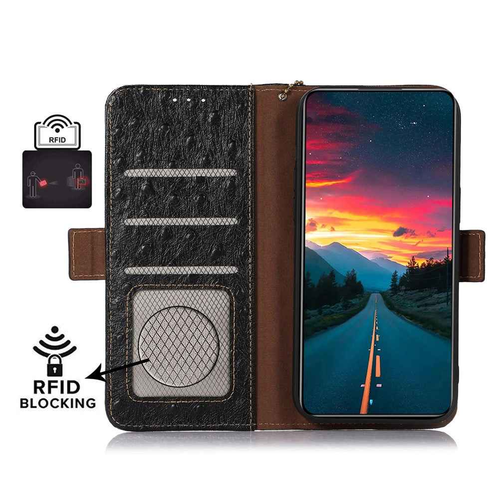 For Xiaomi 17 Pro Case RFID Blocking Genuine Cow Leather Phone Case Ostrich Texture - Black