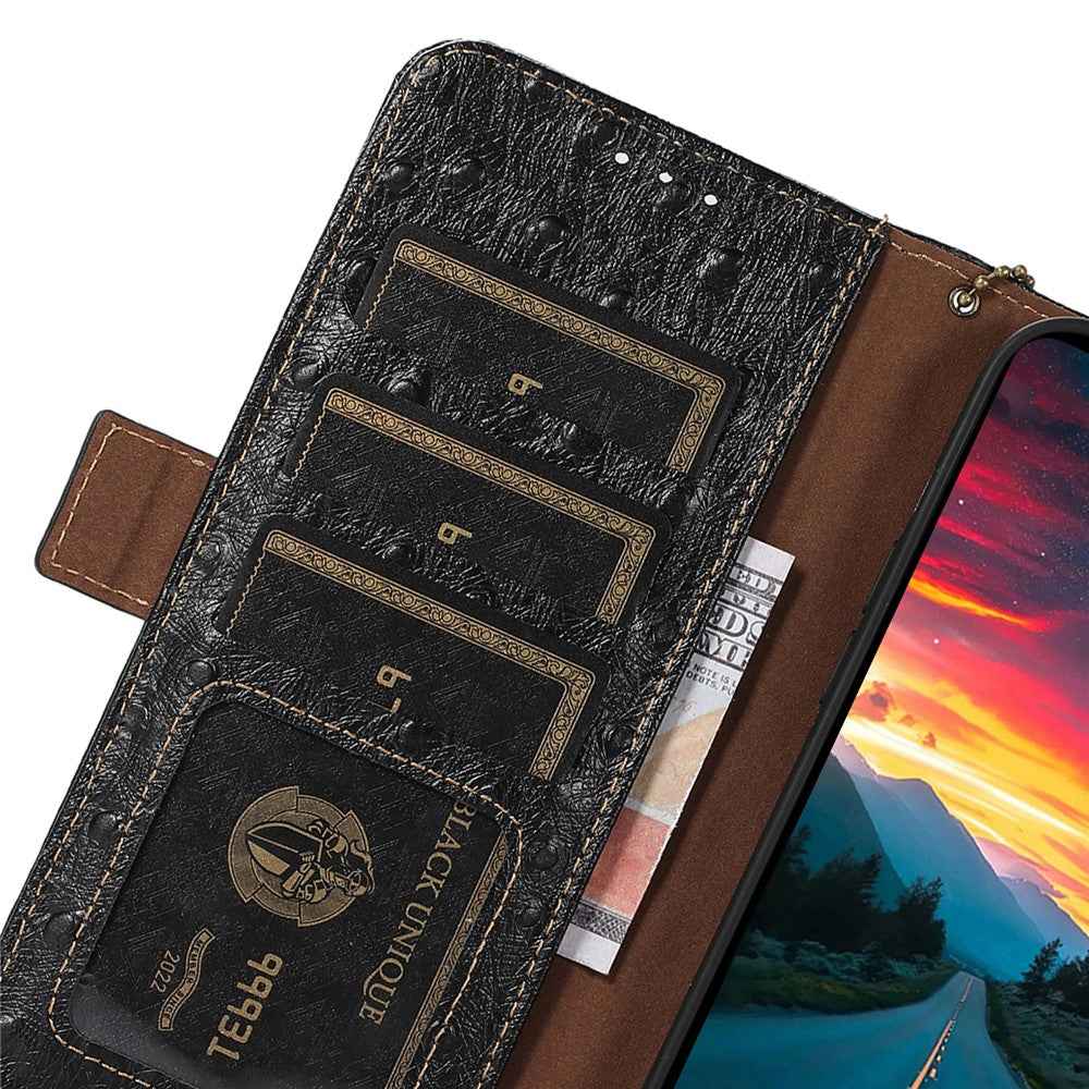 For Xiaomi 17 Pro Case RFID Blocking Genuine Cow Leather Phone Case Ostrich Texture - Black