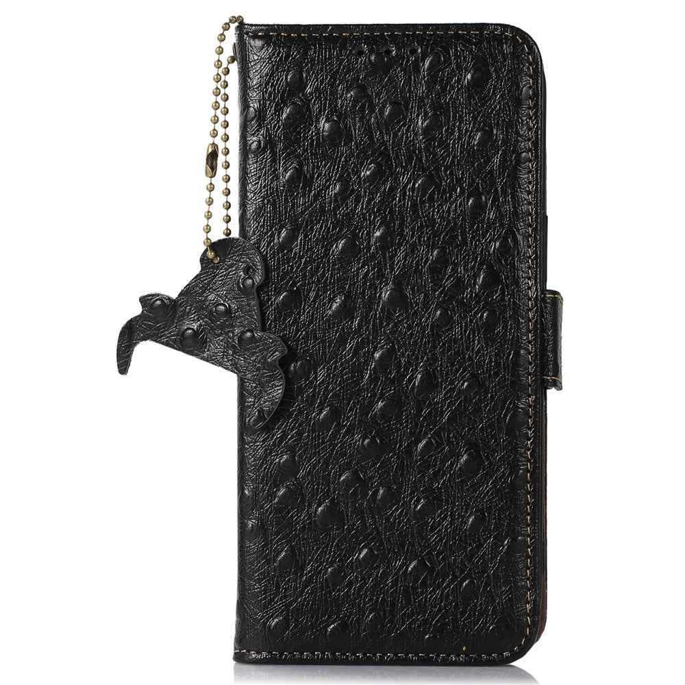 For Xiaomi 17 Pro Case RFID Blocking Genuine Cow Leather Phone Case Ostrich Texture - Black